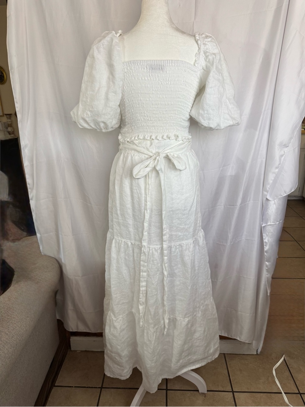 Faithfull the Brand White Linen Puff-SleeveTop Maxi Skirt/Set Size 4 - Picture 3 of 5